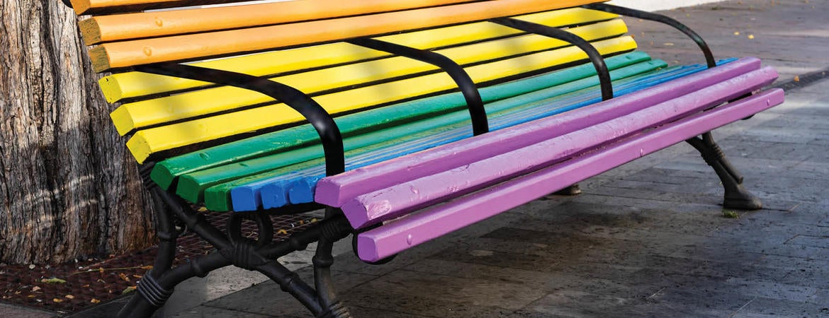 Anti-homeless bench with colors of the LGBTQ pride flag from the cover of "Coming Out to the Streets," published by UC Press