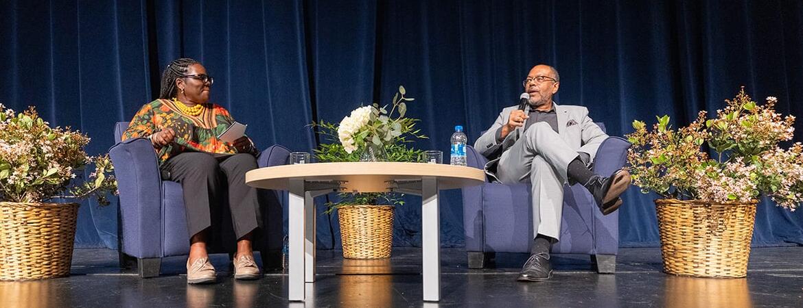Joi Spencer, Dean of UCR’s School of Education, conducts a Q & A with Kevin Merida, Executive Editor of the Los Angeles Times, during the 54th Annual Hays Press-Enterprise Lecture