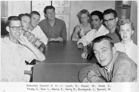Ernest "Ernie" García, UC Riverside's first Hispanic graduate pictured in this 1954 photo (second from top right). (UCR/ Special Collections 1954 Yearbook)
