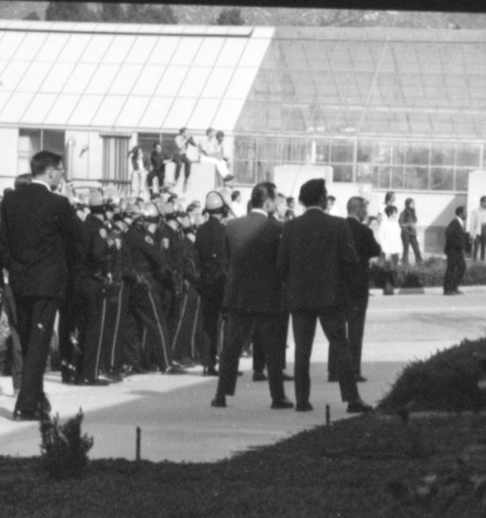 About 50 campus police, city police, and sheriff’s deputies were on hand for Reagan’s visit, some in riot gear. 