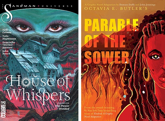 Book covers for "House of Whispers" and "Parable of the Sower" graphic novels