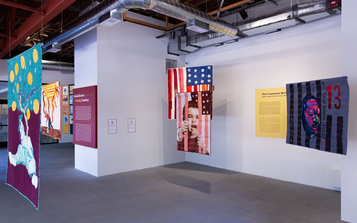 Installation view of current Social Justice Sewing Academy exhibition at UCR ARTS.