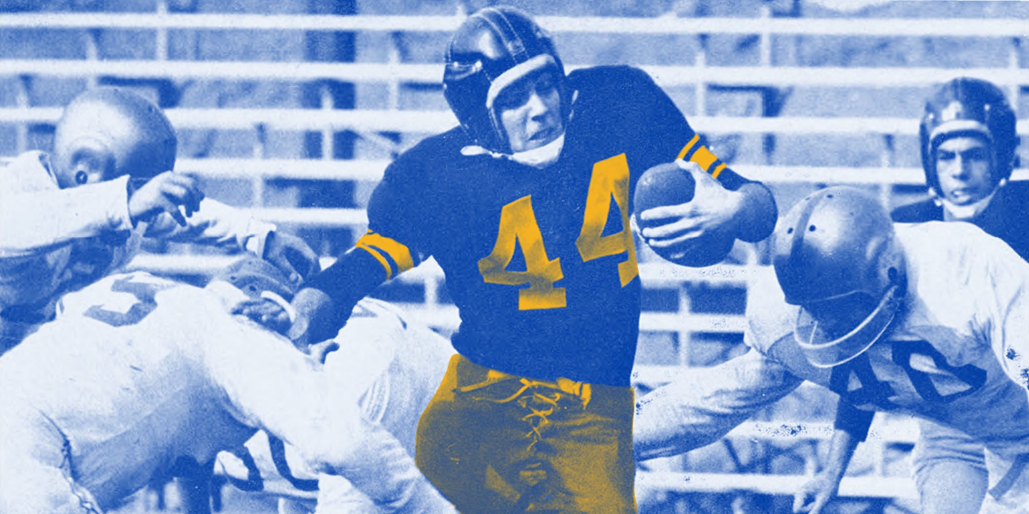 Bob Griffin (center) and fellow Highlanders don leather helmets in a 1956 game.