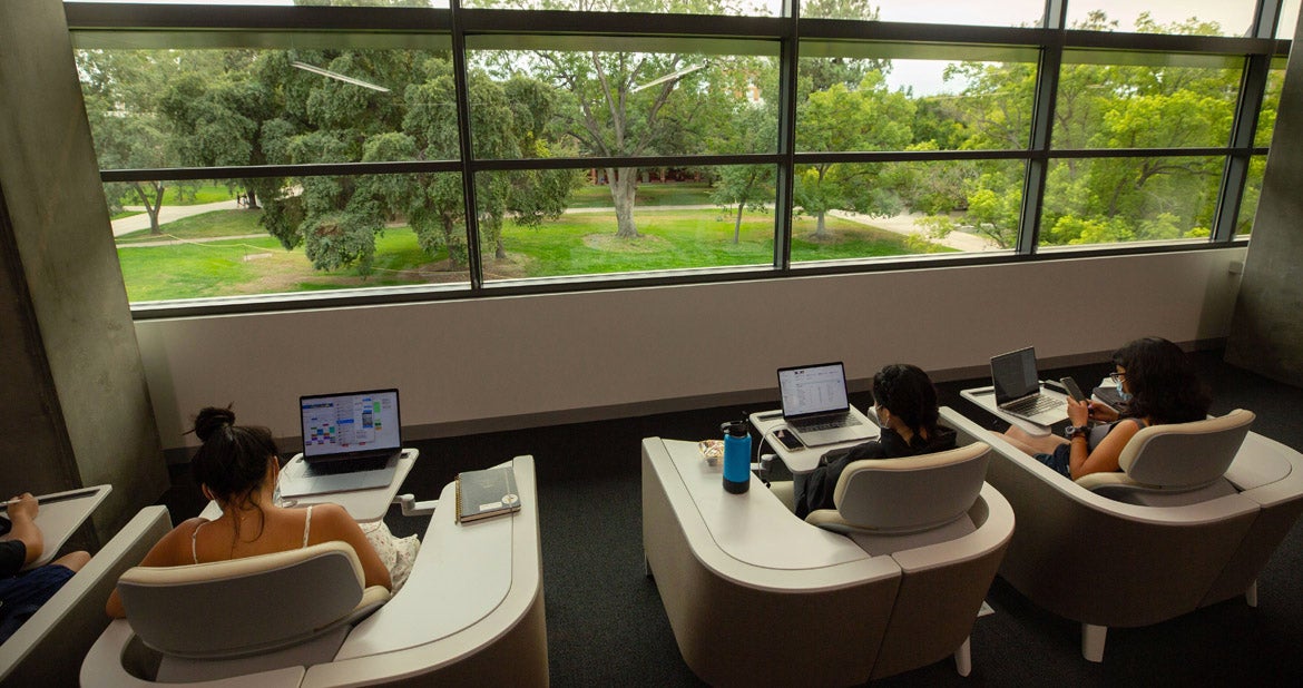 Individual semi-enclosed desks are among the options available to students looking for a place to study in the Student Success Center.