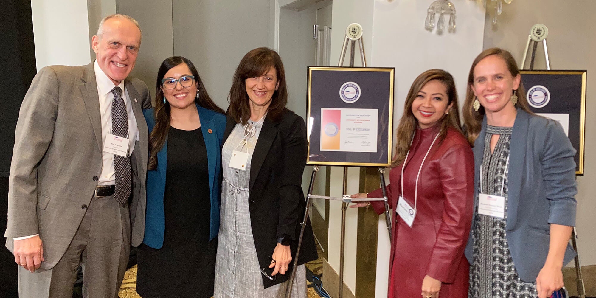 (From left) UCR staff including Chancellor Kim A. Wilcox and Arlene Cano Matute at an event in Washington D.C. to receive the Seal of Excelencia in October 2021. (Photo courtesy of Cano Matute)
