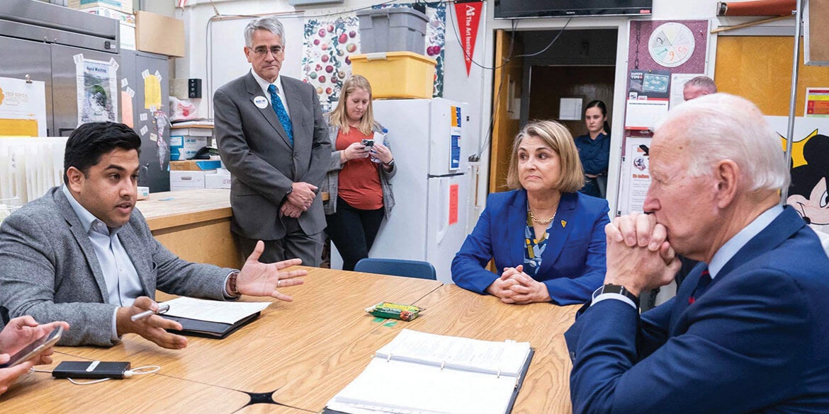 Vedant helps prep President Biden before giving remarks at a rally in Reno, Nevada in January 2020. 