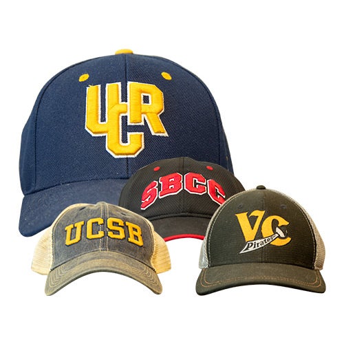 Hat Collection from Cal State San Bernardino, Ventura College, Santa Barbara City College, UC Santa Barbara, and UCR