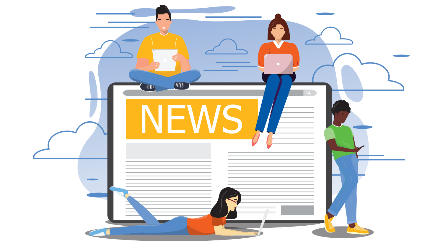 Illustration of students sitting on top of a tablet that had news on the front screen
