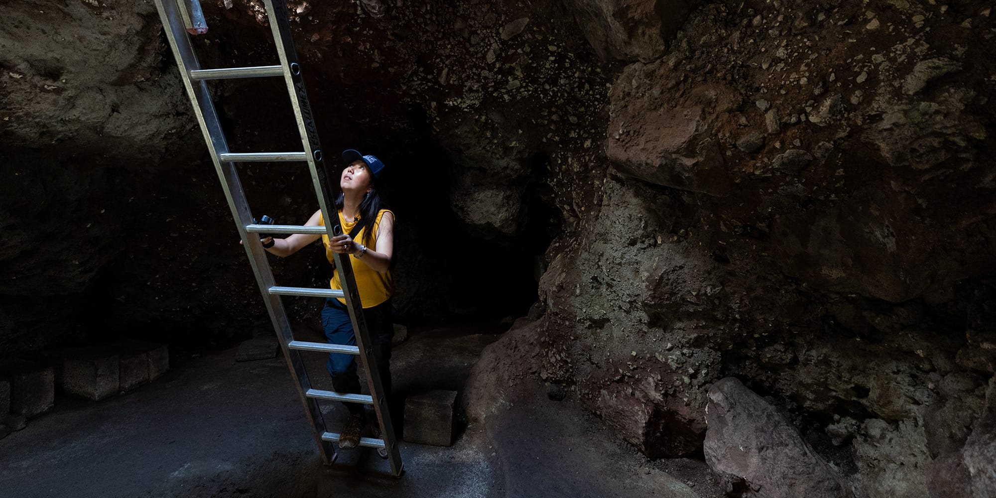 Sugiyama climbs up from an ancient  observatory inside a cave in Teotihuacan.