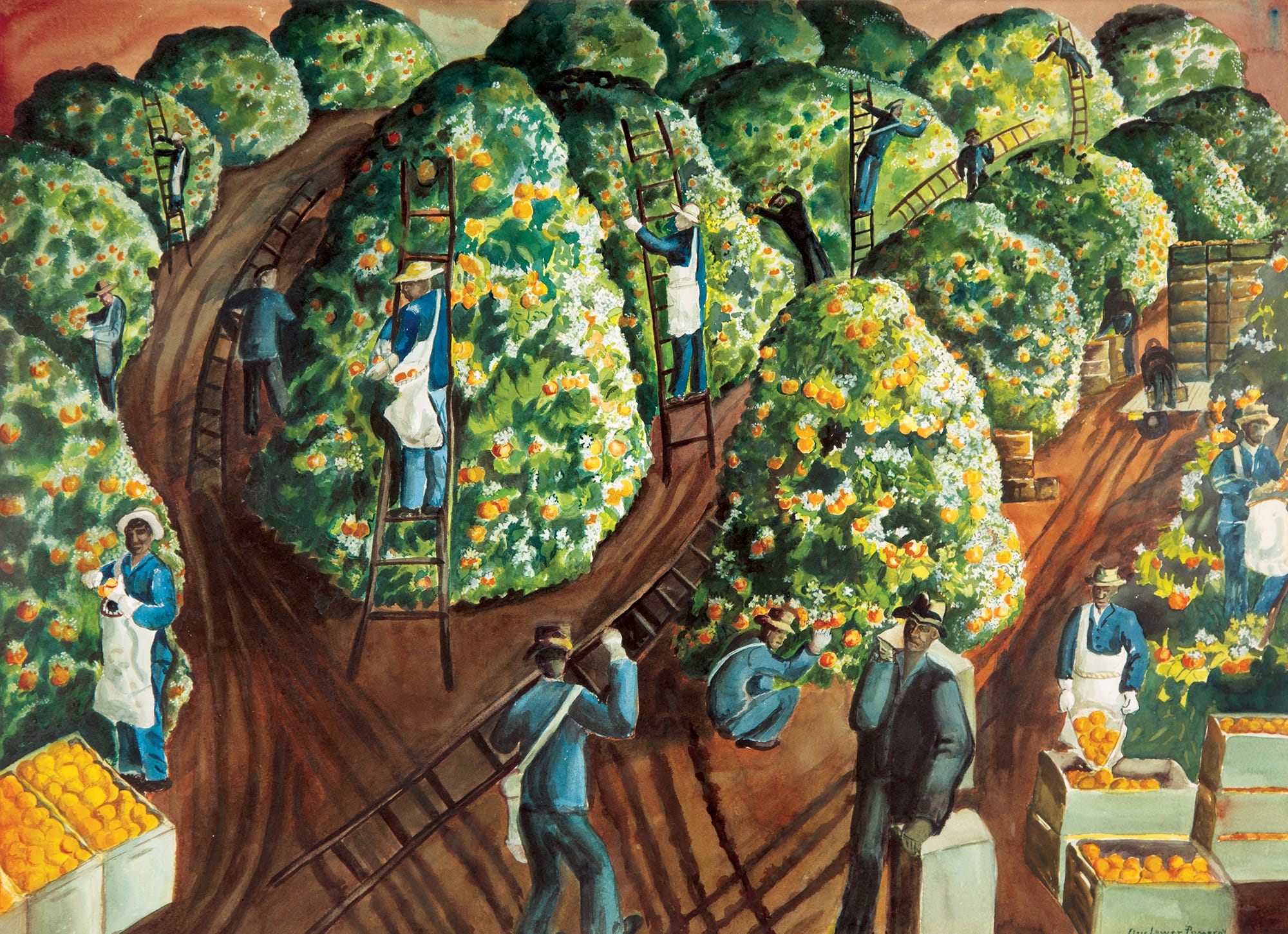 A section from Pomeroy’s “Orange Pickers” illustrates her acute knowledge of citrus agriculture, depicting orange crates stacked according to which tree the fruit was gathered for record-keeping purposes.