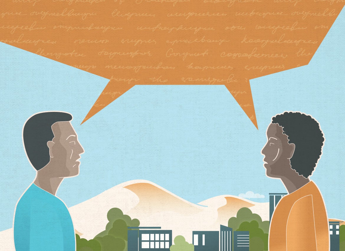 Illustration artwork of a two people with chat bubbles with UCR landscape behind them