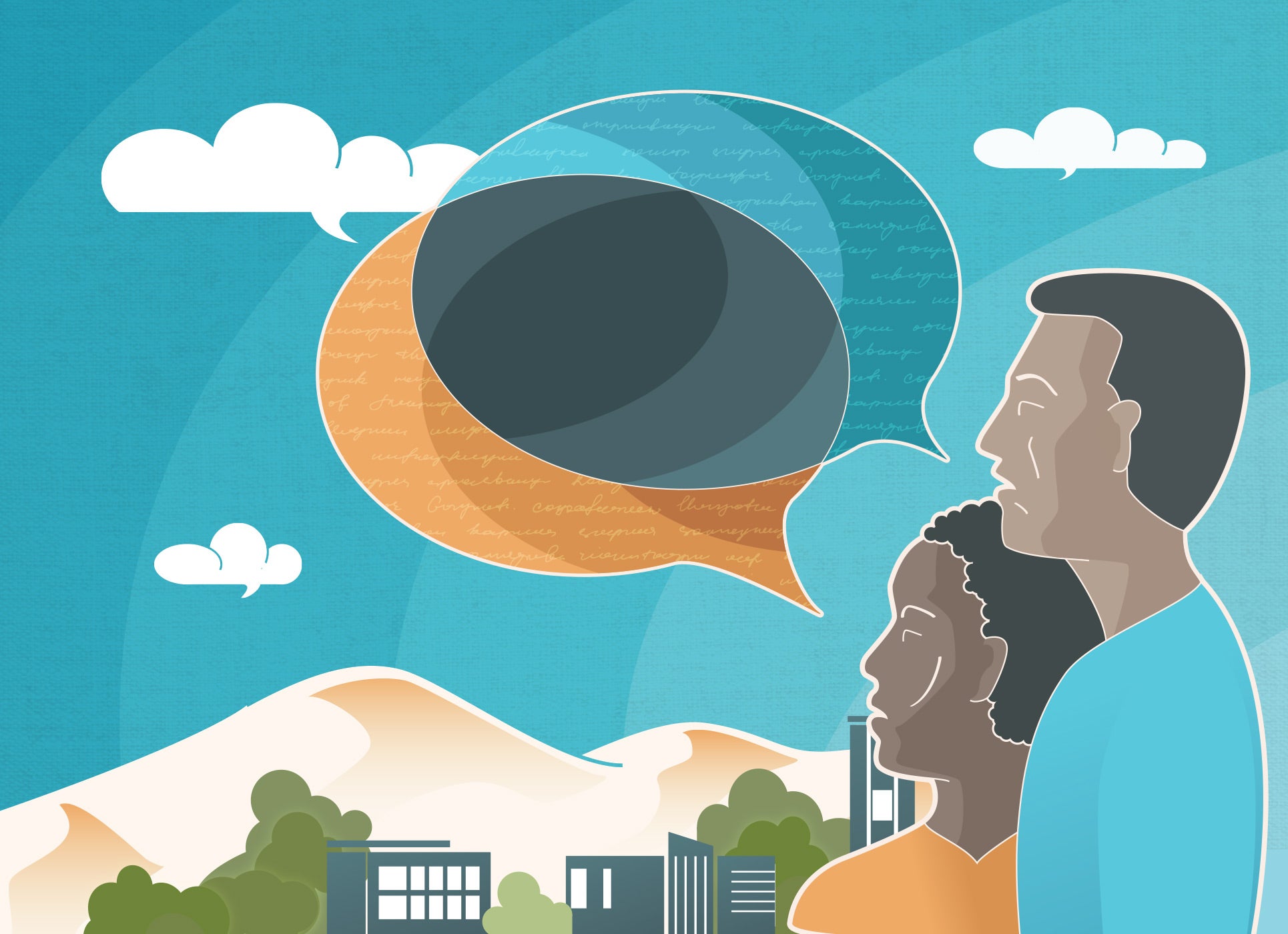 Illustration artwork of a two people with chat bubbles with UCR landscape behind them