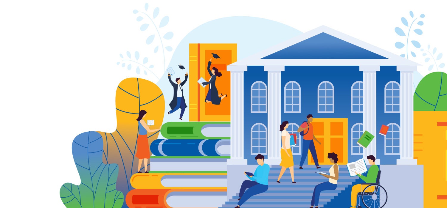 An illustration of students studying, reading, and celebrating graduation in front of large books and a classical building, symbolizing education and inclusivity with diverse learners.