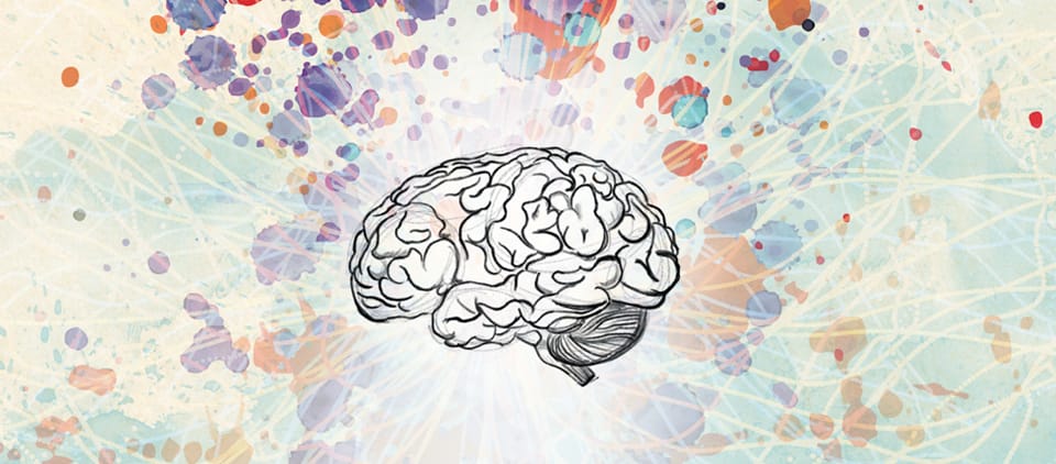 Illustration of a brain with colorful paint splashes and neural network patterns