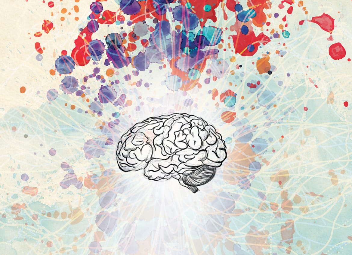 Illustration of a brain with colorful paint splashes and neural network patterns