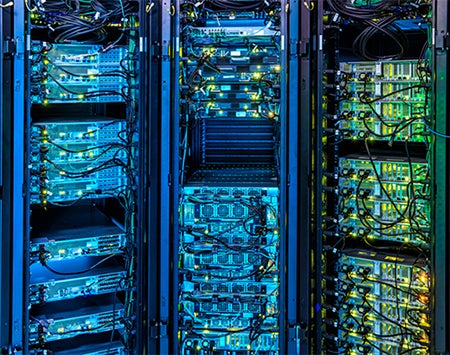 Computer servers on racks in a data processing center