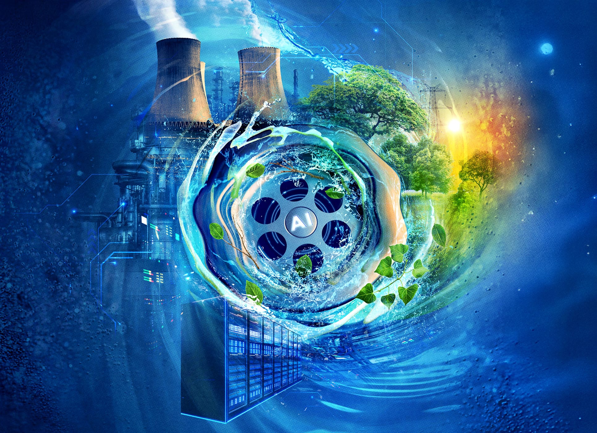 A vortex featuring an 'AI' logo is central, surrounded by industrial cooling towers, green trees, and water.