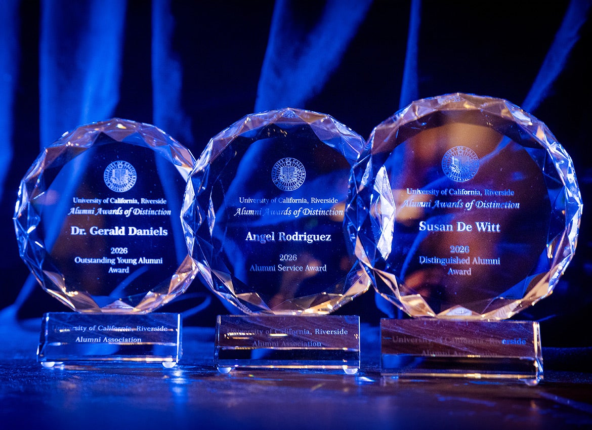 Three glass trophies for the 2026 Alumni Awards of Distinction.