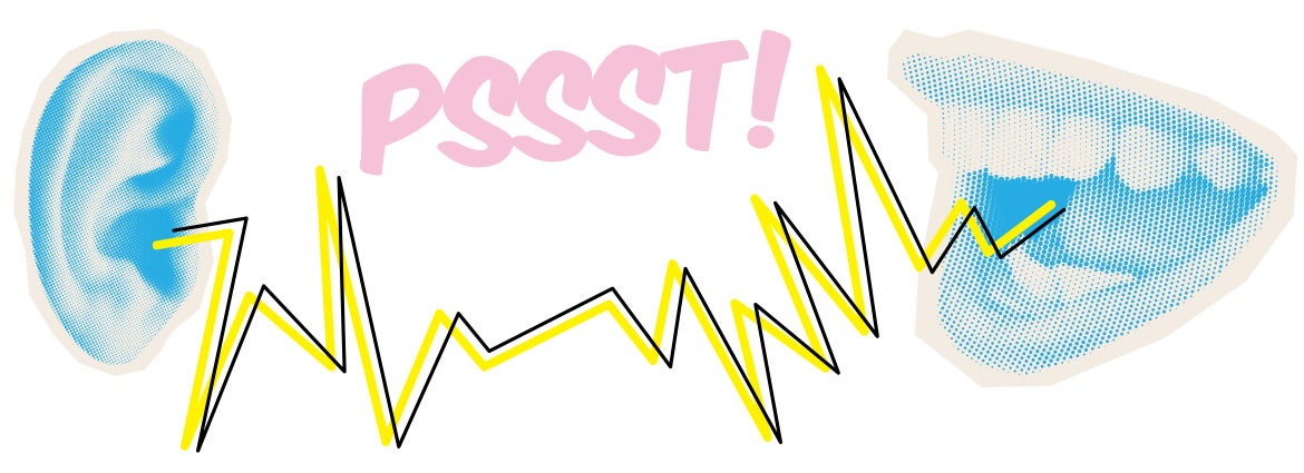 Illustration of a mouth speaking into an ear with text above pssst!