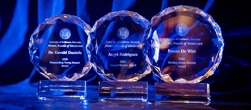 Three glass trophies for the 2026 Alumni Awards of Distinction.