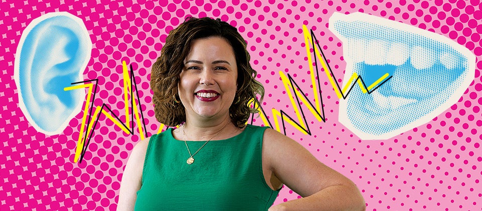Megan Robbins with a pink halftone background with illustration of a mouth speaking into an ear.