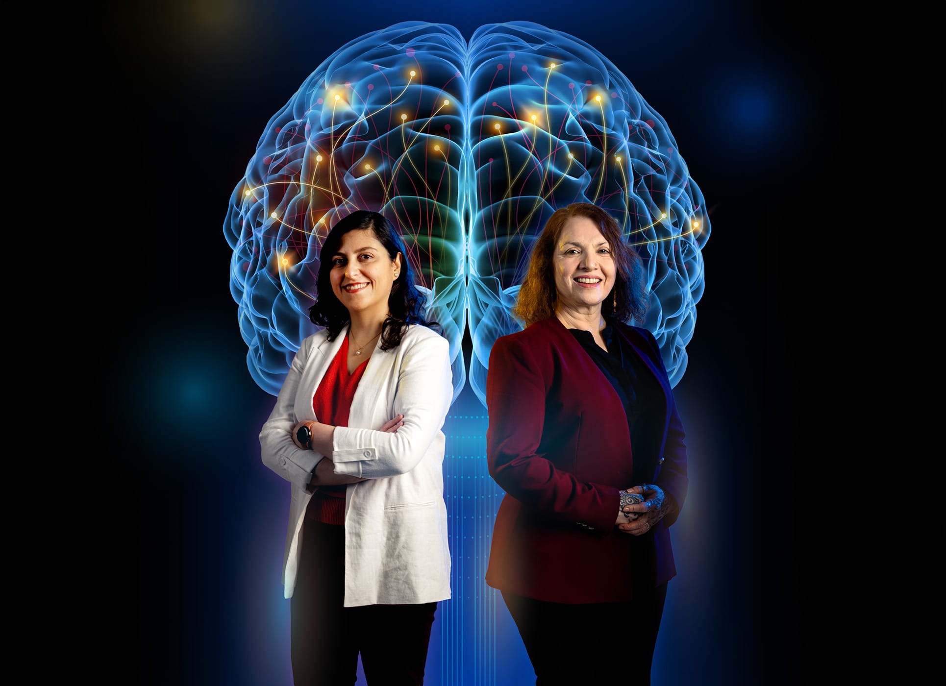 Two UC Riverside researchers, Dr. Mahsa Khayat-Khoei and Seema Tiwari-Woodruff standing with brain illustration behind them.