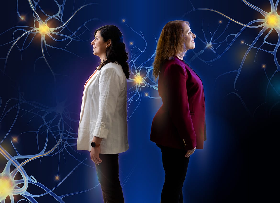 Two UC Riverside researchers, Dr. Mahsa Khayat-Khoei and Seema Tiwari-Woodruff standing with their backs away from each other with brain synapses illustrated behind them.