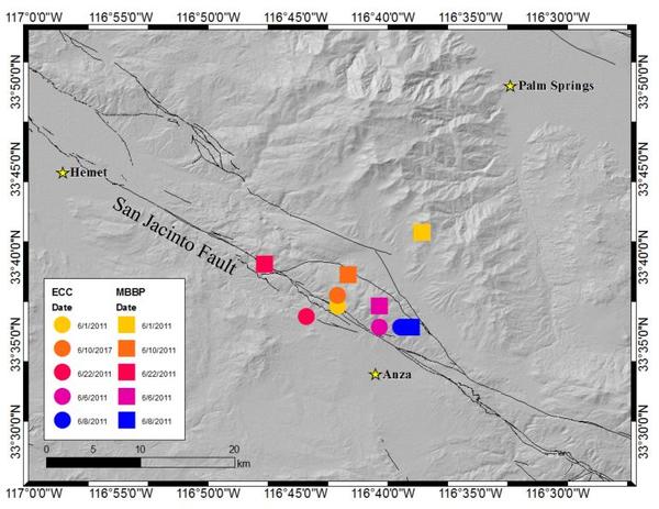 Map of 2011 tectonic tremors in Anza Gap