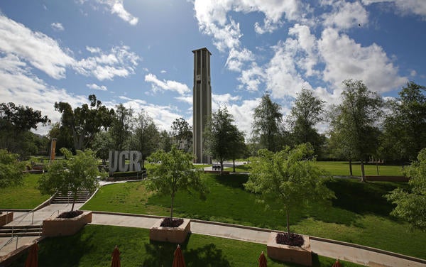 A blue sky over the empty UC Riverside campus