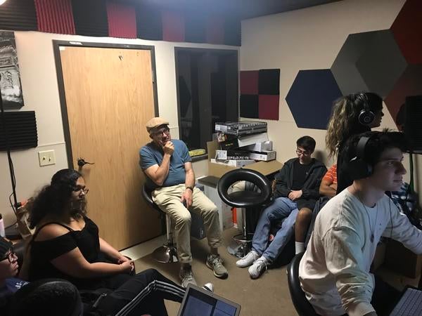 University Honors students recording at Riverside Studios in November 2019. Professor Richard Cardullo sits in the back to watch. (UCR/Sandra Baltazar Martínez)