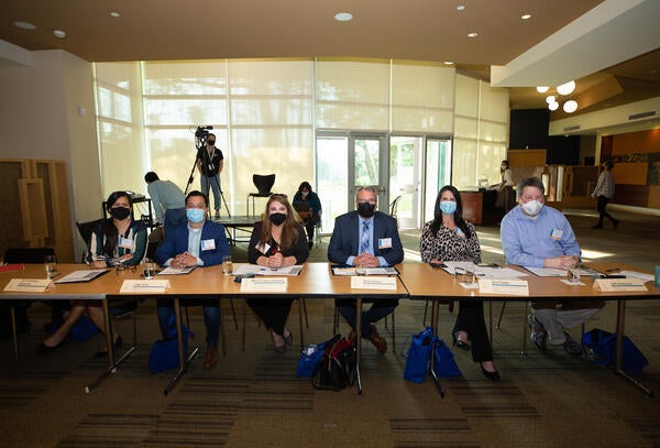 Grad Slam 2022 judges on Thursday, March 3, 2022, at the Alumni and Visitors Center at UC Riverside.  (UCR/Stan Lim)