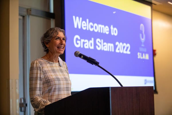 UCR Provost Elizabeth Watkins speaks during the Grad Slam competition on Thursday, March 3, 2022, at the Alumni and Visitors Center at UC Riverside.  (UCR/Stan Lim)