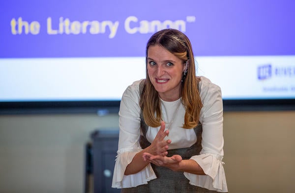 Paige Goodwin, creative writing MFA student, presents "Choosing Our Gods: Restructuring the Literary Canon," during the Grad Slam competition on Thursday, March 3, 2022, at the Alumni and Visitors Center at UC Riverside.  (UCR/Stan Lim)