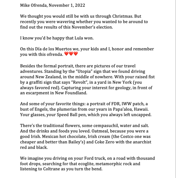 Letter written by Alessandra Moctezuma, partner of the late Mike Davis. The letter explains the items Davis' kids and Moctezuma set on the Día de los Muertos (Day of the Dead) altar. (Photo courtesy of Alessandra Moctezuma)