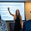 Shanna Dobson, math doctoral student, presents "Diamond Langlands Functoriality: A Universal Language," during the Grad Slam competition on Thursday, March 3, 2022, at the Alumni and Visitors Center at UC Riverside.  (UCR/Stan Lim)