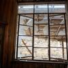A broken window as shown from the interior of the Case residence.