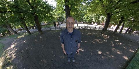 UCR professor Paulo C. Chagas in front of a 360 camera lens. (Courtesy Paulo C. Chagas)