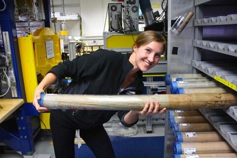 Sandra Kirtland Turner and ocean core sediment sample