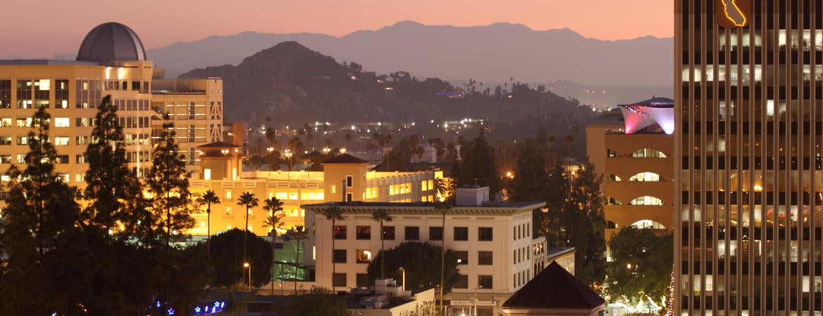 downtown riverside at dusk