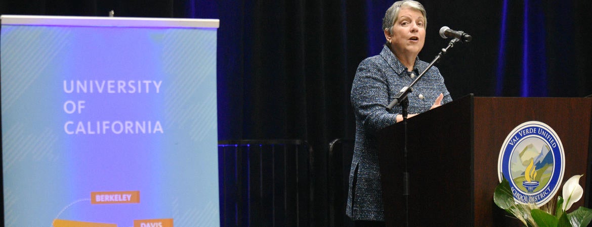 UC President Janet Napolitano speaking at a school rally