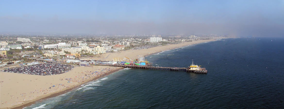 Santa Monica Beach with smog inland credit: JCS on Wikimedia Commons