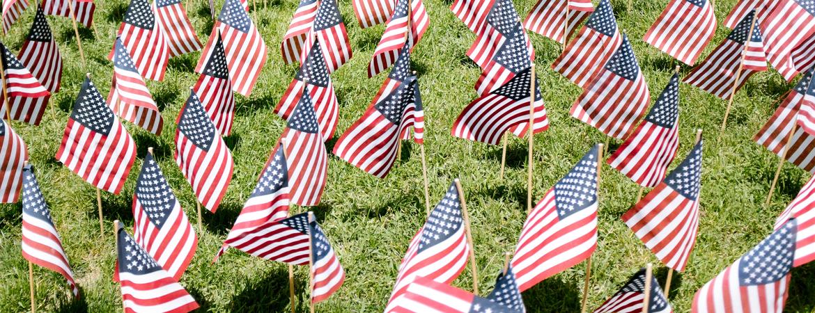 Several small U.S. flags in grass