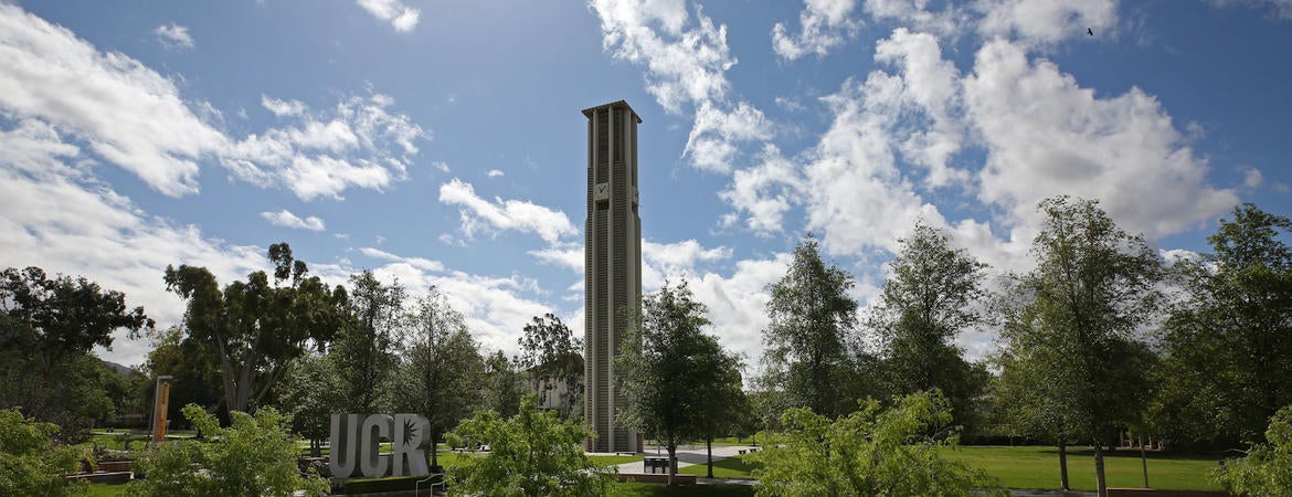 A blue sky over the empty UC Riverside campus