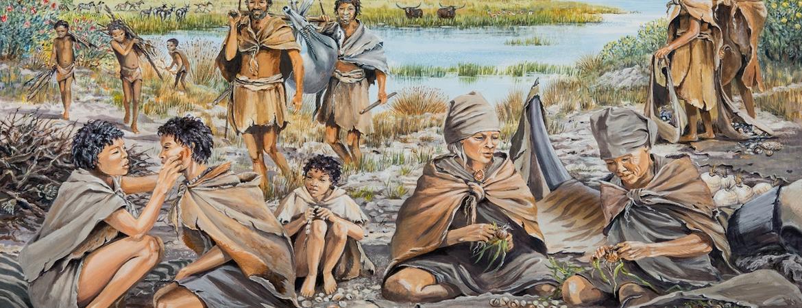 An artist's rendering by Maggie Newman of what life was like for early humans on the Paleo-Agulhas Plain.