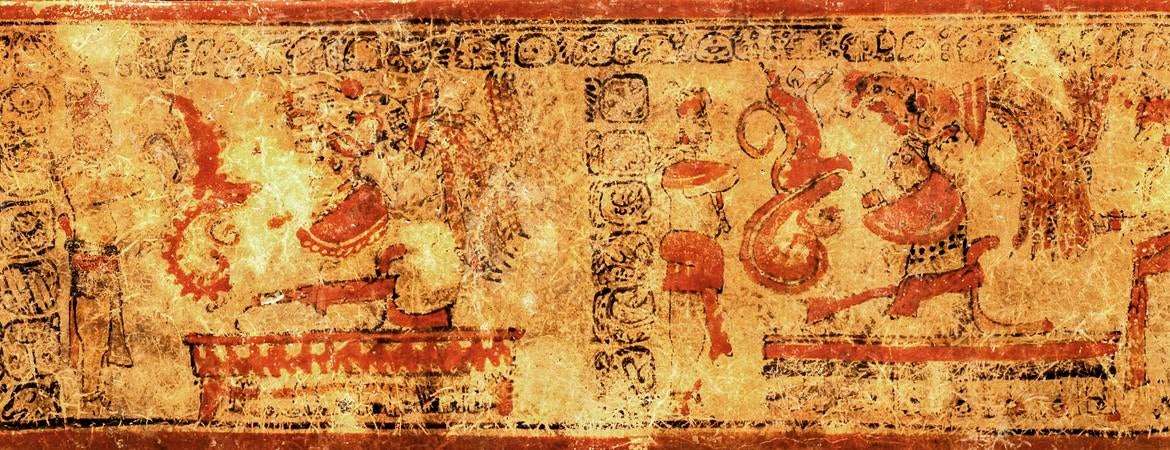 Polychrome decorations on a Maya ceramic vessel
