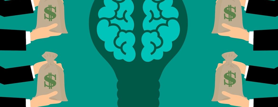 An image showing hands giving money to a brain inside a lightbulb, representing the idea of crowdfunding
