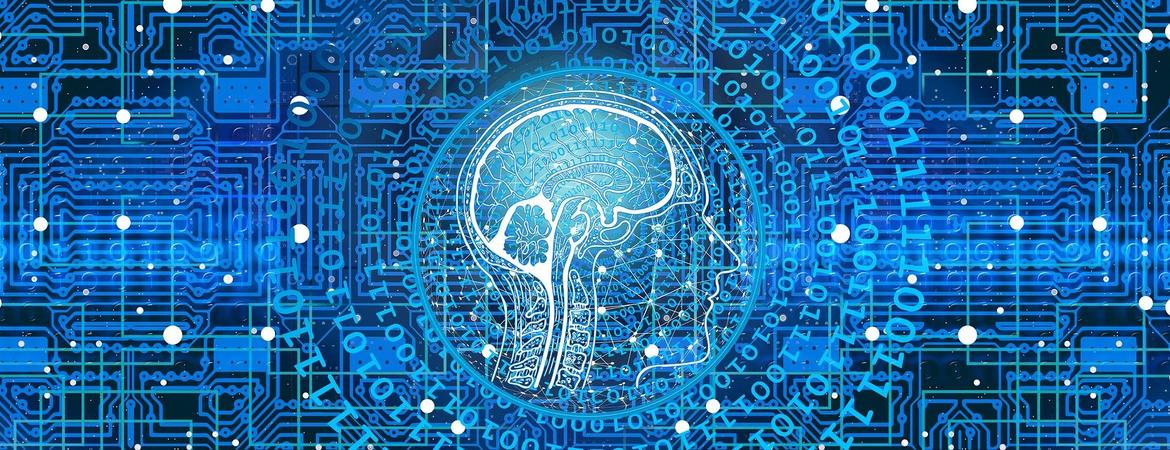 Illustration of human brain and binary code