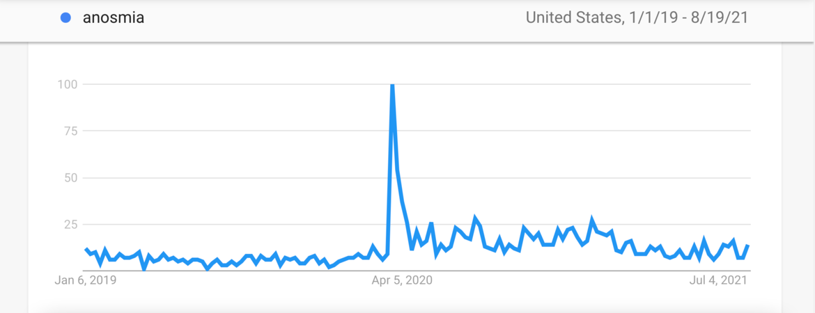 Google trends graph for anosmia from 2019 to Aug 2021