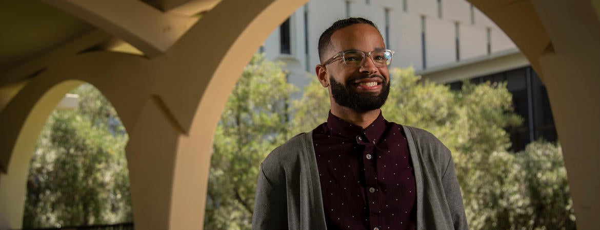 Portrait of Jonathan "Johnny" Walters, for 2020 senior profile.  GSOE-Single-Subject English Credential and Master’s Degree in Education