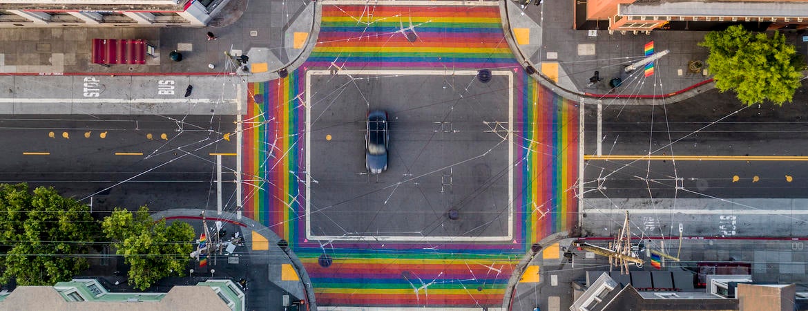 Crosswalks painted in pride flag rainbow colors in San Francisco's Castro District